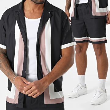 Frilivin - Q57 Black White Beige Short Sleeve Shirt And Jogging Shorts Set