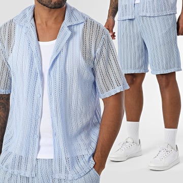 Frilivin - U20 Light Blue Short Sleeve Shirt And Openwork Short Set