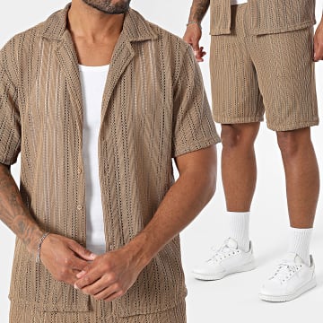 Frilivin - U20 Brown Short Sleeve Shirt And Openwork Short Set