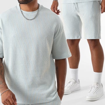 LBO - Ensemble Tee Shirt Et Short Large texturé 3862 Bleu Clair Blanc