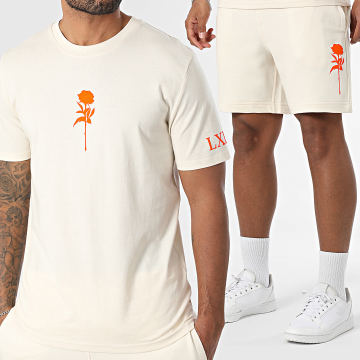Luxury Lovers - Set di maglietta e pantaloncini da jogging in velluto rosa beige arancione