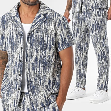 Frilivin - Conjunto de camisa de manga corta y pantalón C99 Beige Azul Marino