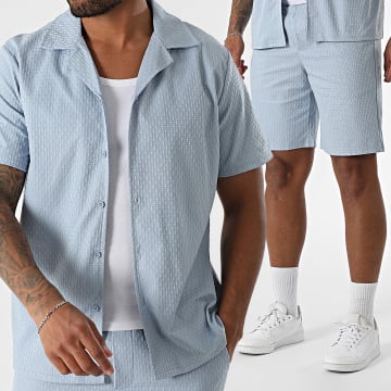 Frilivin - Short-sleeved Shirt and Textured Jogging Shorts 529 Light Blue Set