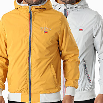Geographical Norway - Veste Zippée Capuche Réversible Gris Clair Jaune Moutarde