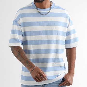 LBO - Tee Shirt Texturé Large A Rayures 2089 Blanc Bleu Clair