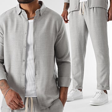 LBO - Conjunto de camisa de manga larga y pantalón efecto lino 2094 Gris