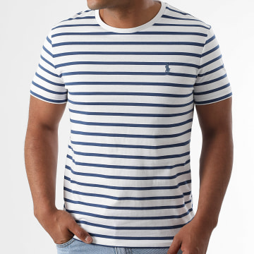 Polo Ralph Lauren - Tee Shirt A Rayure Custom Slim Original Player Blanc Bleu