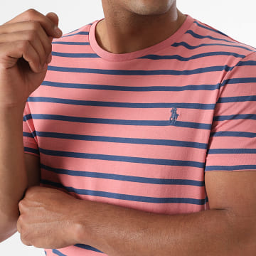 Polo Ralph Lauren - Tee Shirt A Rayure Custom Slim Original Player Rose Bleu Marine