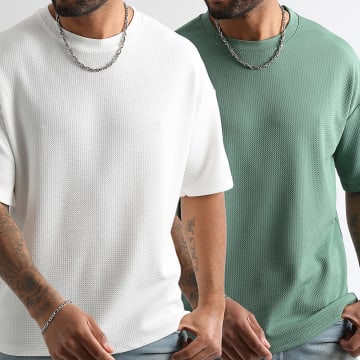 LBO - Lot De 2 Tee Shirts Texturés Waffle Large 2108 Blanc Vert Clair