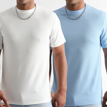 LBO - Lot De 2 Tee Shirt Texturé Waffle Regular 2109 Blanc Bleu Clair