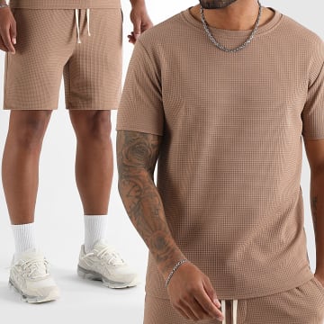 LBO - Textuur T-shirt en Jogging Short Set 2117 Bruin