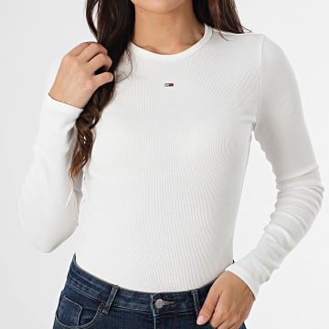 Tommy Jeans - Tee Shirt Manches Longues Slim Femme Essential Rib 7387 Blanc