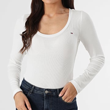 Tommy Jeans - Tee Shirt Manches Longues Femme Soft Rib Essentials 0921 Blanc