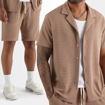 LBO - Conjunto de camisa de manga corta y pantalón corto con textura 2125 Marrón