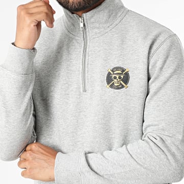 One Piece - Sweat Col Zippé Badge Logo Gris Chiné Doré