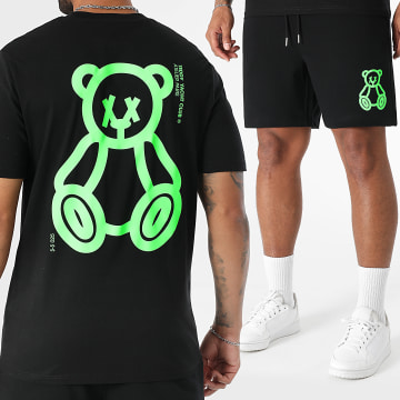 Teddy Yacht Club - Ensemble Tee Shirt Et Short Jogging Fat Outline Noir Vert Fluo