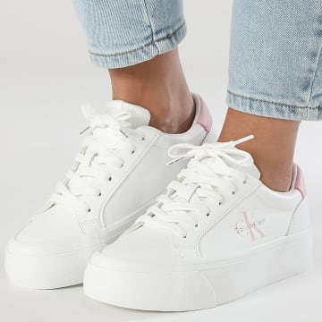 Calvin Klein - Zapatillas Vulc Flatf Mujer Piel Logo Tag 1873 Blanco Brillante Rosa Dulce