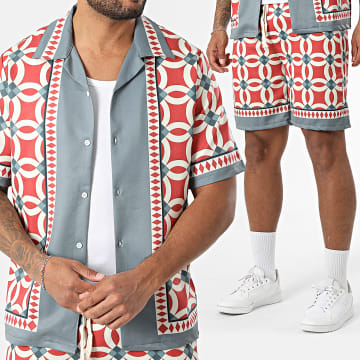 KZR - Ensemble Chemise Manches Courtes Et Short Jogging Gris Beige Rouge