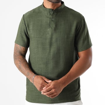 LBO - Polo maniche corte collo alla coreana effetto lino 2137 verde kaki mélange