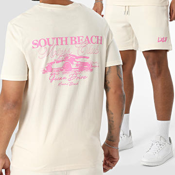 Luxury Lovers - South Beach Motors Club Beige Pink T-Shirt Und Jogginghose Set