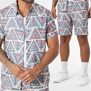 Frilivin - Ensemble Chemise Manches Courtes Et Short Jogging Beige Rouge Bleu Clair