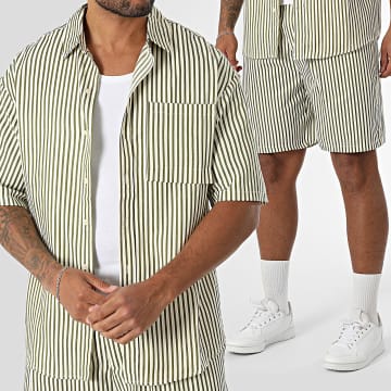 Frilivin - Conjunto Camisa Manga Corta Y Pantalón Corto Beige Verde Caqui