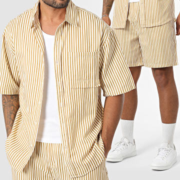Frilivin - Conjunto de camisa de manga corta y pantalón corto beige camel