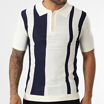 Frilivin - Polo Manches Courtes Col Zippé 075 Bleu Marine Beige