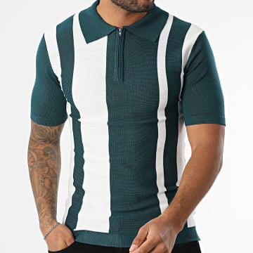 Frilivin - Polo Manches Courtes Col Zippé 075 Vert Bouteille Blanc