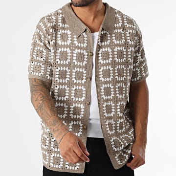 Frilivin - 885 Beige Wit Opengewerkt Shirt met Korte Mouw
