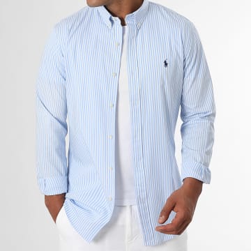 Polo Ralph Lauren - Chemise Manches Longues A Rayures Original Player Bleu Clair Blanc