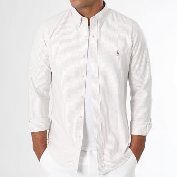 Polo Ralph Lauren - Langarmshirt Gestreift Slim Fit Oxford Beige Weiß