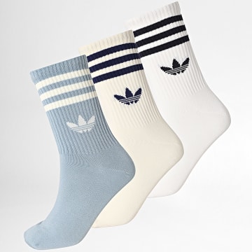 Adidas Originals - Lot De 3 Paires De Chaussettes 3 Stripes Crew JV7406 Blanc Bleu Clair Beige Clair