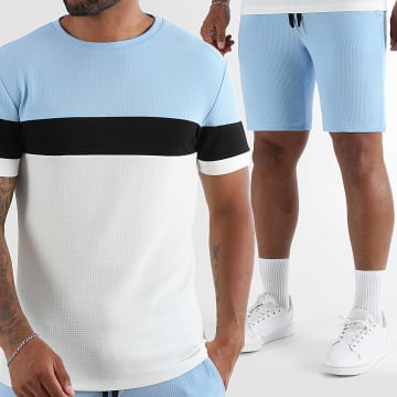 LBO - Ensemble Tee Shirt Et Short Jogging Tricolore 2097 Bleu Clair Blanc Noir