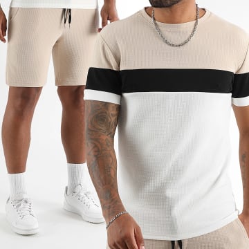 LBO - Ensemble Tee Shirt Et Short Jogging Tricolore 2099 Beige Blanc Noir