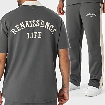 Ikao - Ensemble Polo Manches Courtes Et Pantalon Jogging A Bandes 123 Gris Anthracite Beige