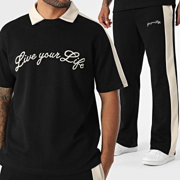 Ikao - Ensemble Tee Shirt Et Pantalon Jogging A Bandes 120 Noir Beige