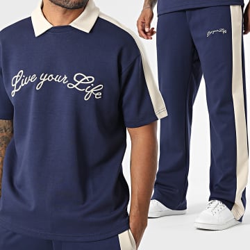 Ikao - Conjunto de camiseta de rayas y pantalón 120 Azul marino Beige