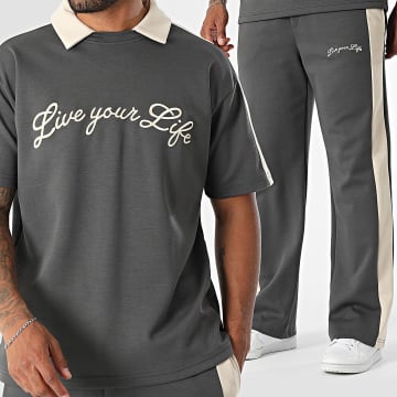 Ikao - Ensemble Tee Shirt Et Pantalon Jogging A Bandes 120 Gris Anthracite Beige