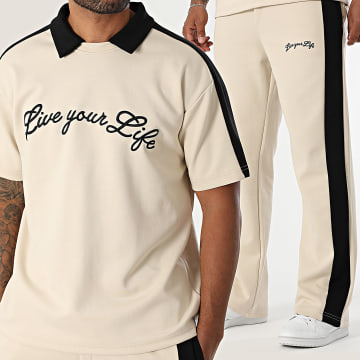 Ikao - Ensemble Tee Shirt Et Pantalon Jogging A Bandes 120 Beige Noir