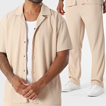 Ikao - Conjunto de camisa de manga corta y pantalón de canalé 588 Beige