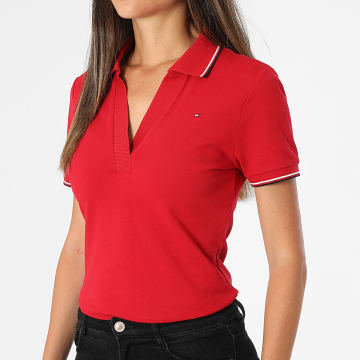 Tommy Hilfiger - Polo Manches Courtes Slim Col V Femme 1985 Tipping 5736 Rouge