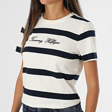 Tommy Hilfiger - Camiseta rayas mujer Script 5746 Beige Azul Marino