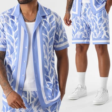 LBO - Conjunto de camisa de manga corta y jogging corto con estampado de hojas 2105 Azul claro Blanco