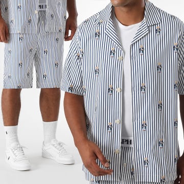 Polo Ralph Lauren - Set Kurzarmhemd Und Elastische Shorts Polo Bear Blau Weiß