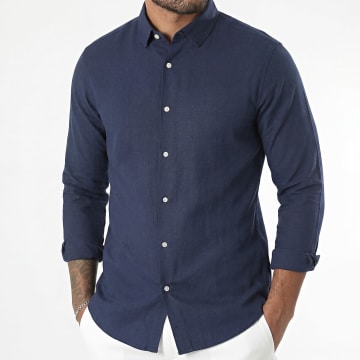 LBO - Hemd Langarm Leinen-Effekt 0016 Marineblau