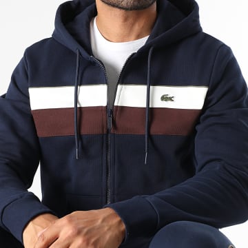 Lacoste - Sweat Zippé Capuche Logo Brodé Crocodile Bleu Marine Blanc Marron