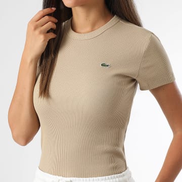 Lacoste - Geripptes T-Shirt Frau Rib Logo Krokodilstickerei Slim Fit Dunkelbeige