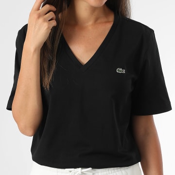 Lacoste - Tee Shirt Col V Femme Logo Brodé Crocodile Relaxed Fit Noir