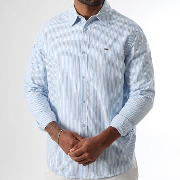 Tommy Jeans - Chemise Manches Longues A Rayures Essential Poplin 1693 Bleu Clair Blanc